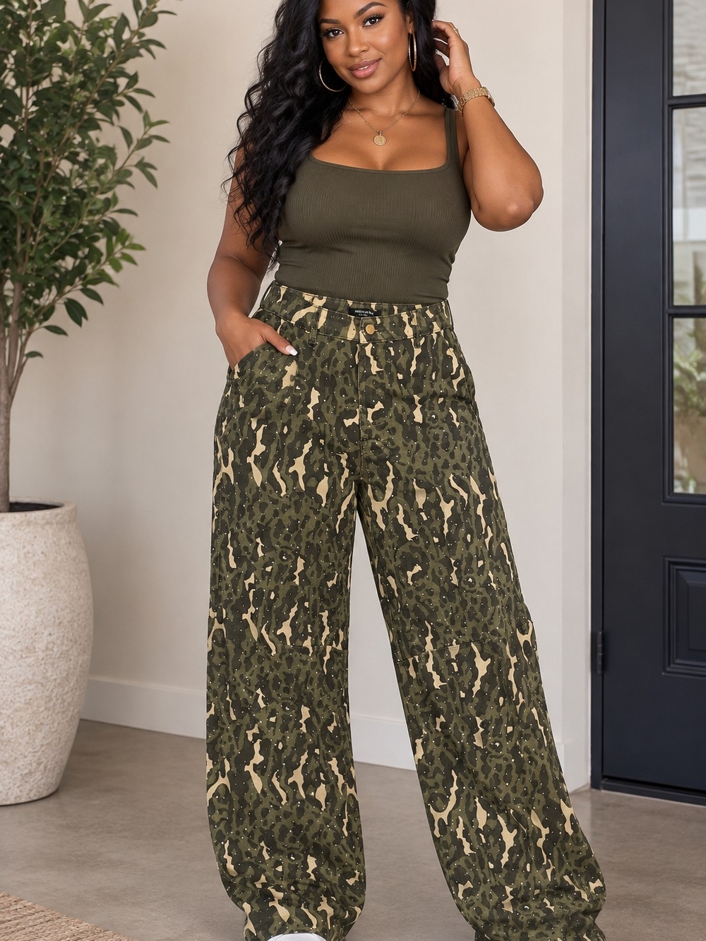 American Bazi Olive Camo High-Waist Wide-Leg Pants